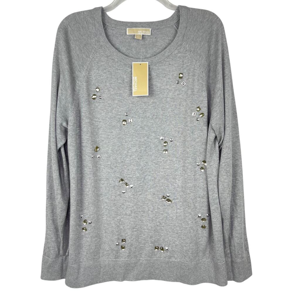 Michael Kors Womens XL Heather Gray Embellished Knit Sweater Rhinestone Top NWT